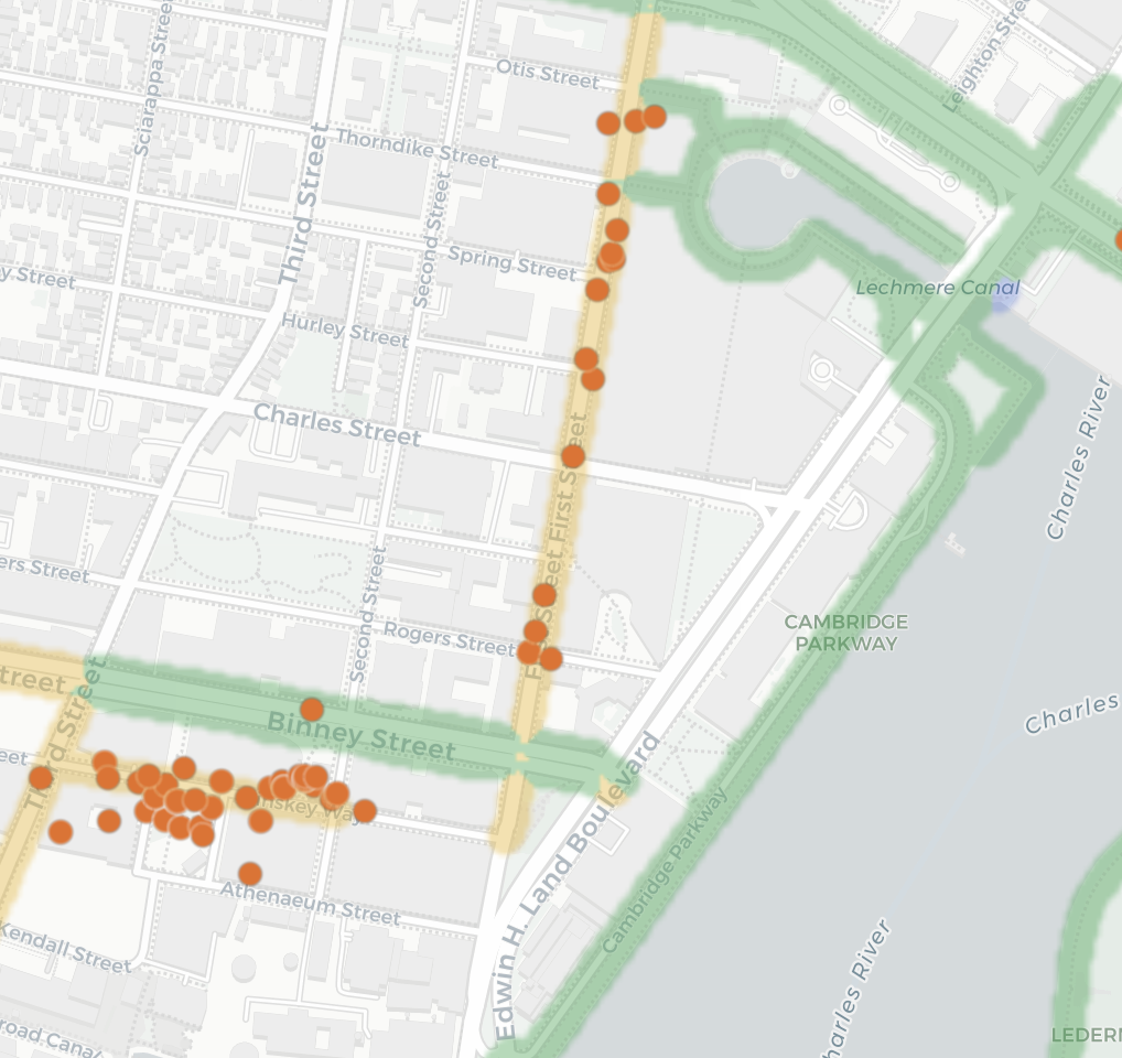 Bike lane map near Kendall Square and Binney Street in Cambridge, lanes colored by protection level