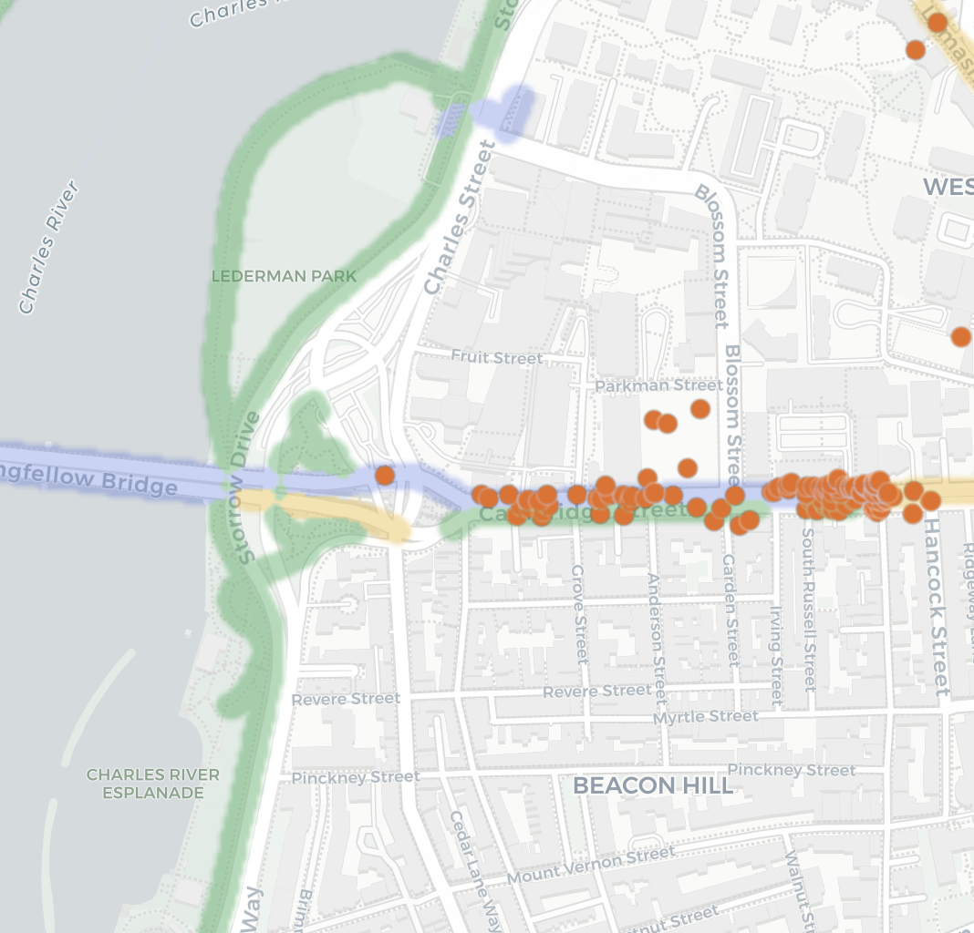 Bike lane map along Cambridge Street by Beacon Hill and the West End