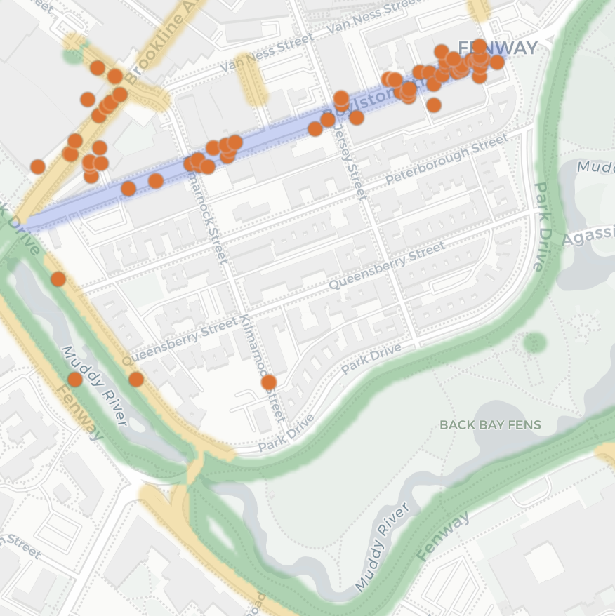 Bike lane map on Boylston Street in the Fenway, Boston