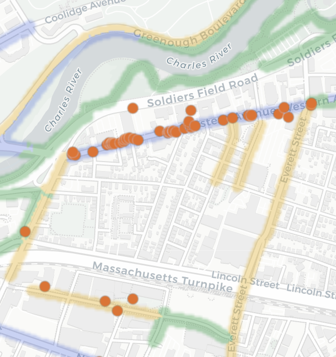Bike lane map along Western Avenue and Soldiers Field Road in Lower Allston