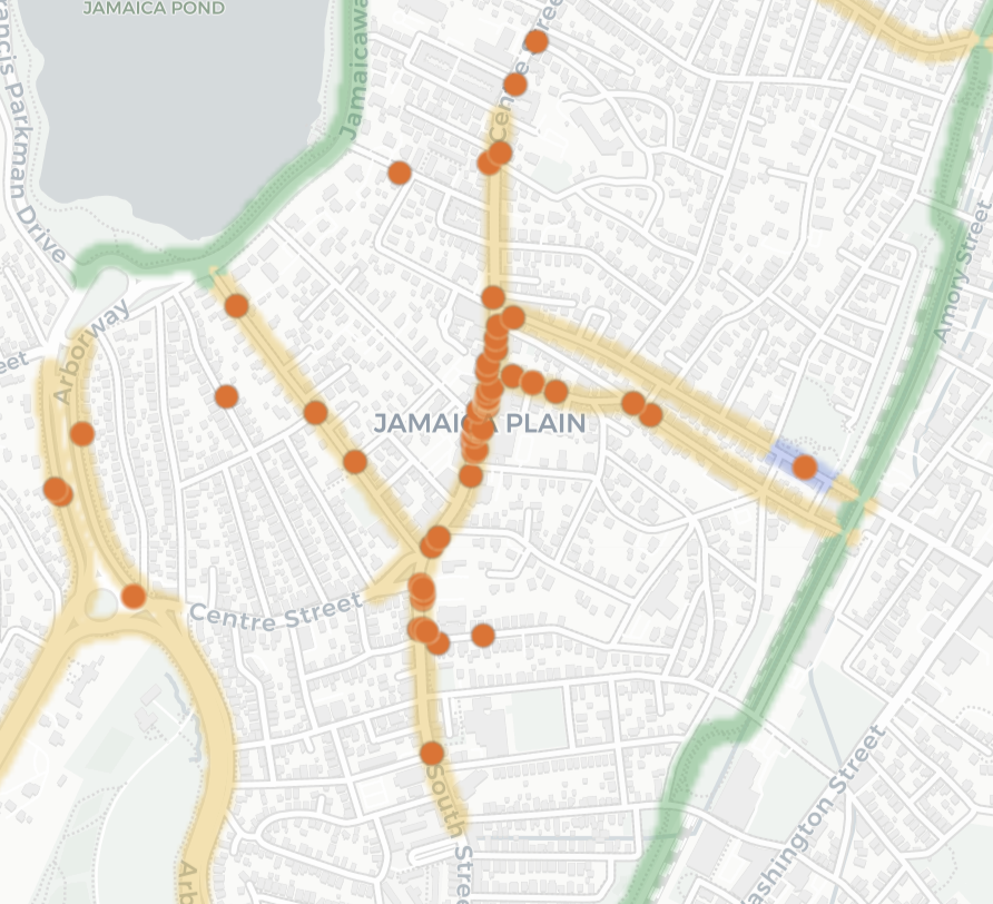 Bike lane map on Centre Street in Jamaica Plain, Boston