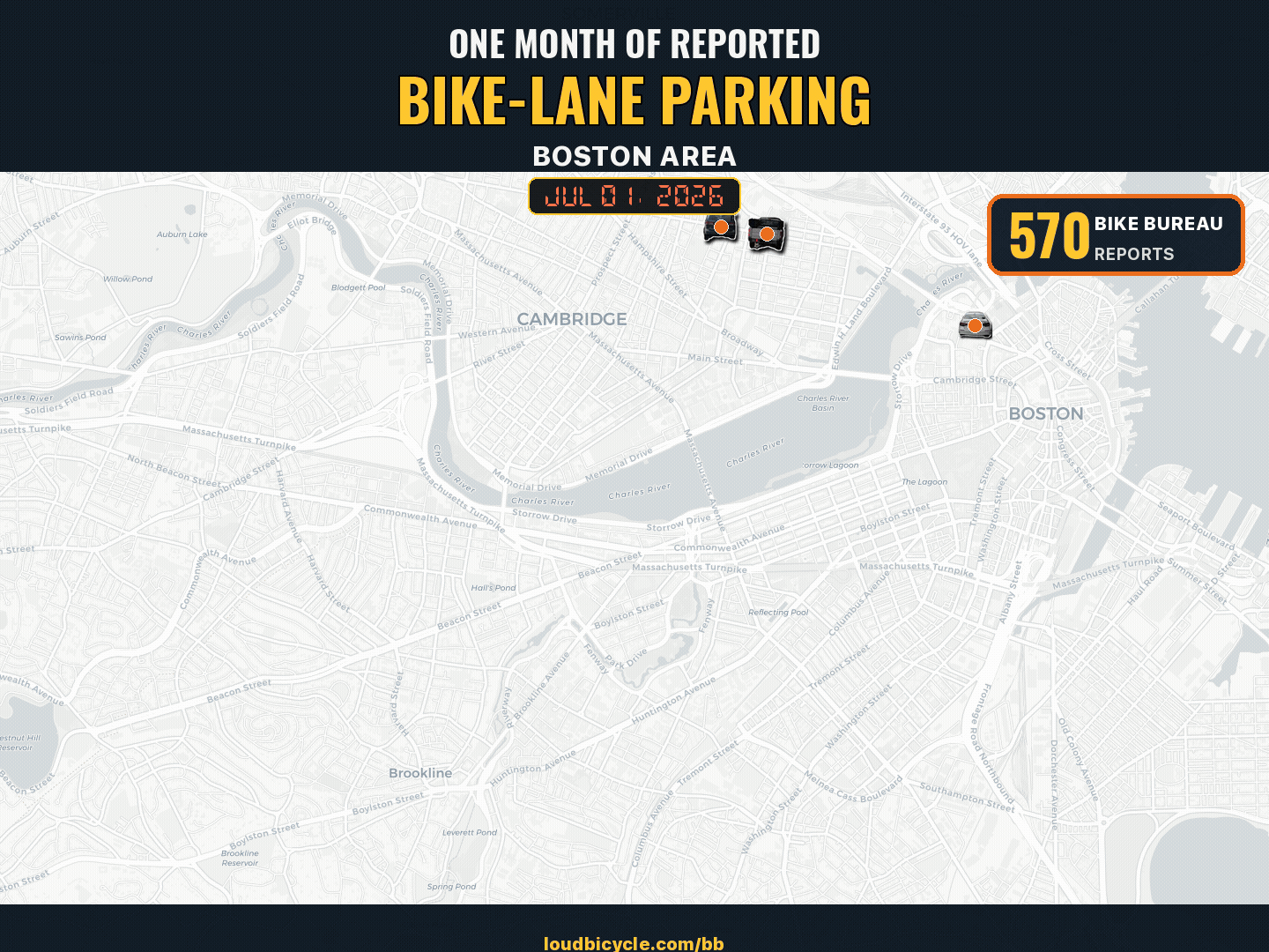 Animated Boston-area map filling with reported bike-lane obstructions during July 2026