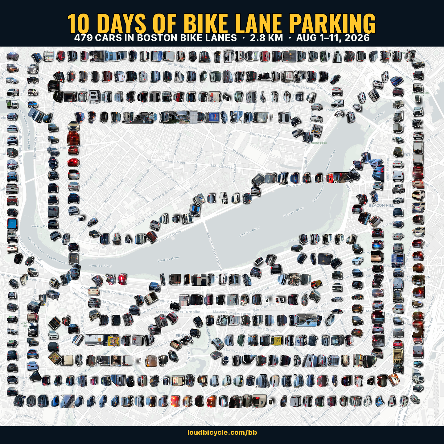 A traffic snake made from 479 reported vehicles winding around Boston and Cambridge