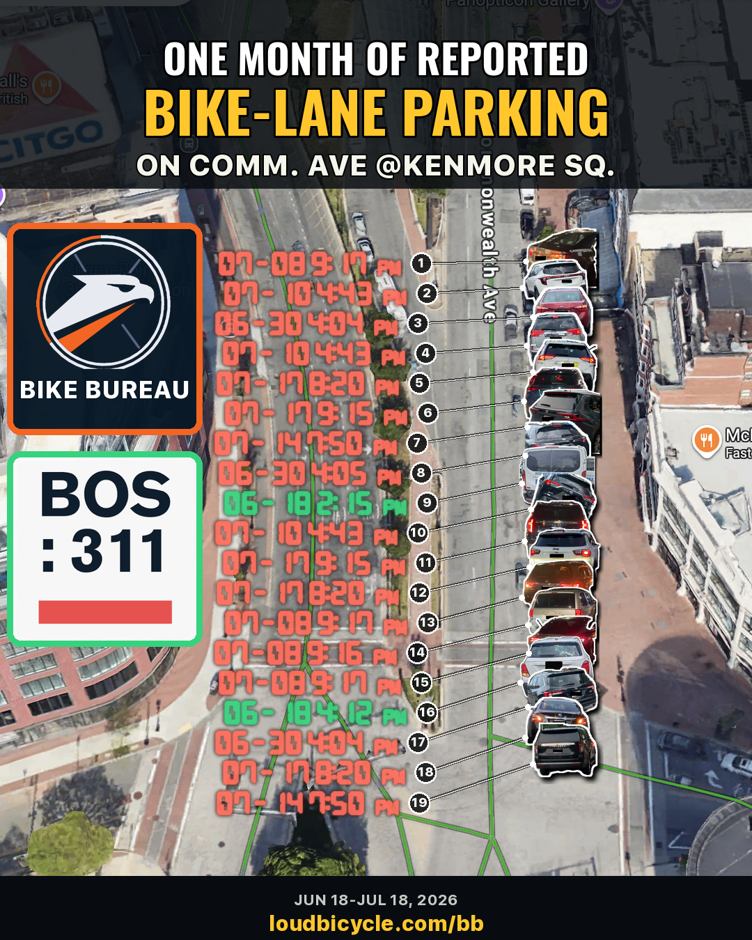 Aerial evidence graphic showing repeated reports at Kenmore Square