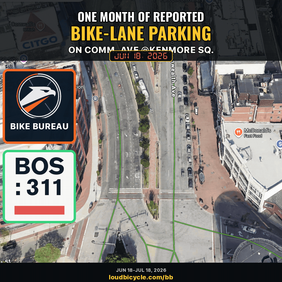 Animated aerial timeline of repeated bike-lane parking near Kenmore Square