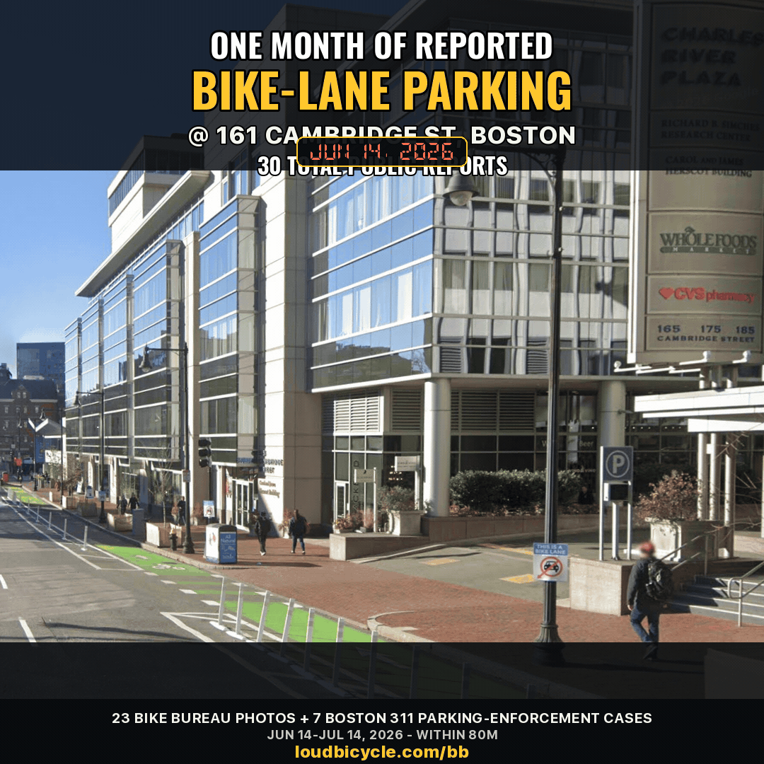 Animated street-level reconstruction of repeated bike-lane parking near MGH